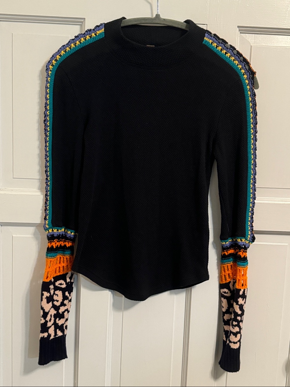 Free People Black Long Sleeve Knit Top with Multicolor Crochet Sleeves